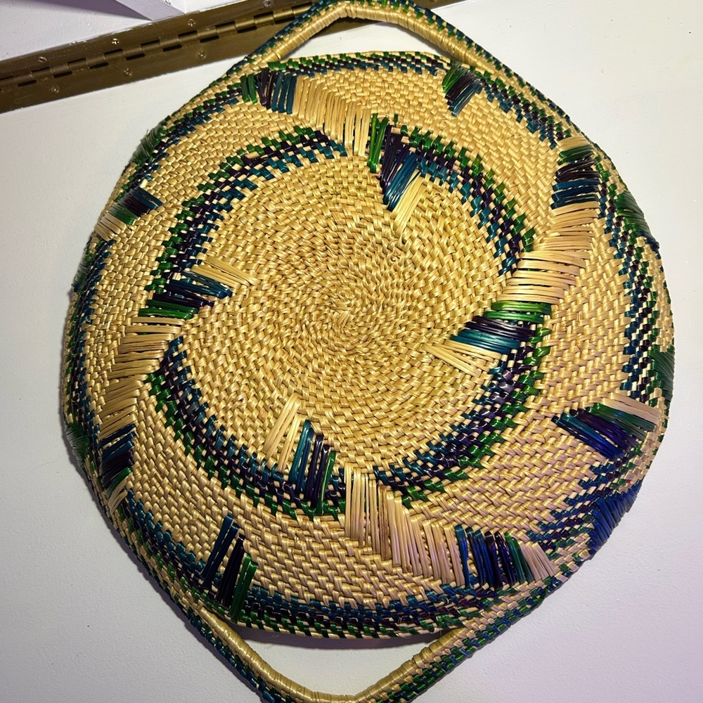 Handwoven Straw Basket with Green Accents